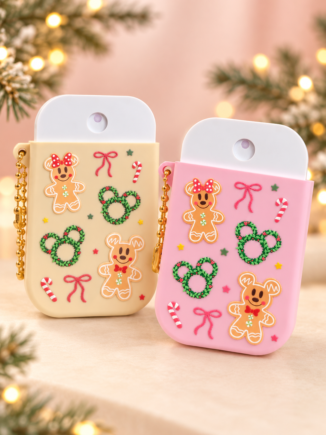Cream and pink gingerbread holiday hand sanitizer holders