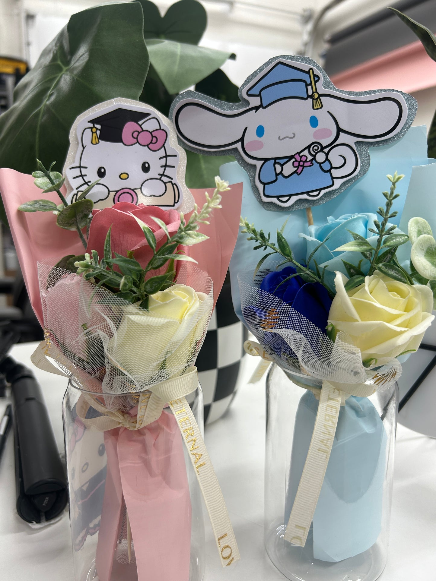 Graduation Bouquets - 1 pink Kitty 1 blue cinnamon