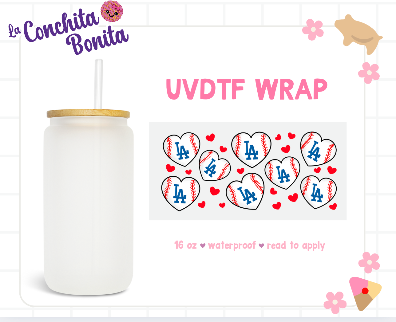 UVDTF Wrap Blue LA Baseball Hearts