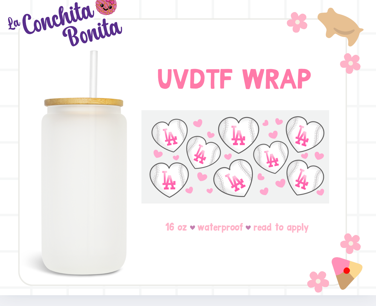 UVDTF Wrap Pink LA Baseball Hearts