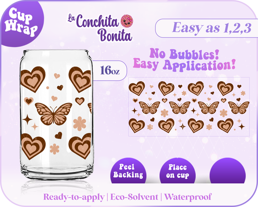 Brown Butterflies and Hearts Vinyl Cup Wrap